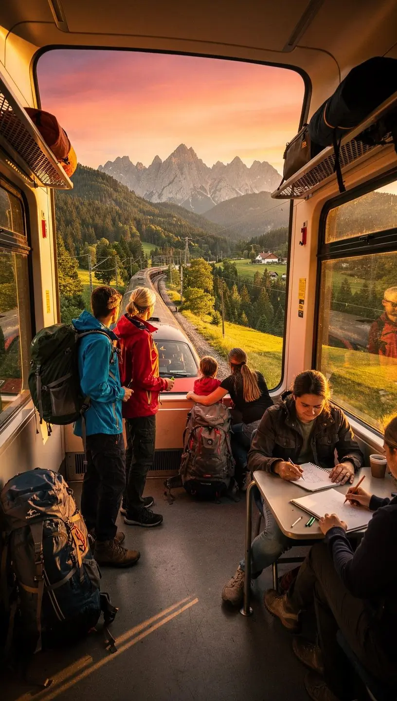 Interiér vlaku s veľkými panoramatickými oknami umožňujúcimi sledovanie prírody počas jazdy.